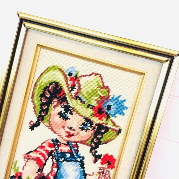 70s Big Eye Prairie Girl Needlepoint Wall Hanging Vintage Cross Stitch Fiber Art - Picture 2 of 12